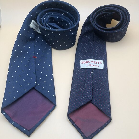 Vintage John Weitz By Burma Men’s Wear Navy Blue Neck Tie Polka Dots Set Of 2 - Picture 2 of 6